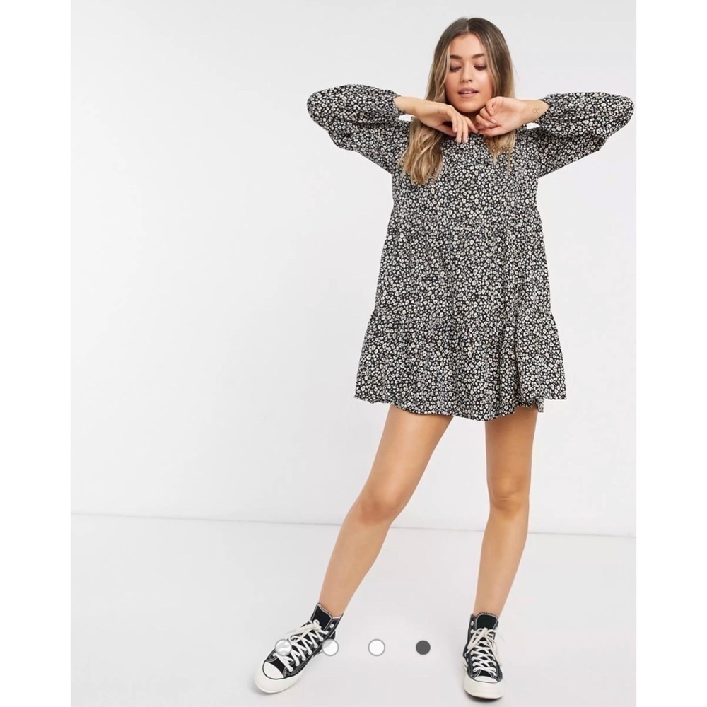 ASOS New Look Smock Frill Detail Leopard Floral Long Sleeve Mini Dress 8